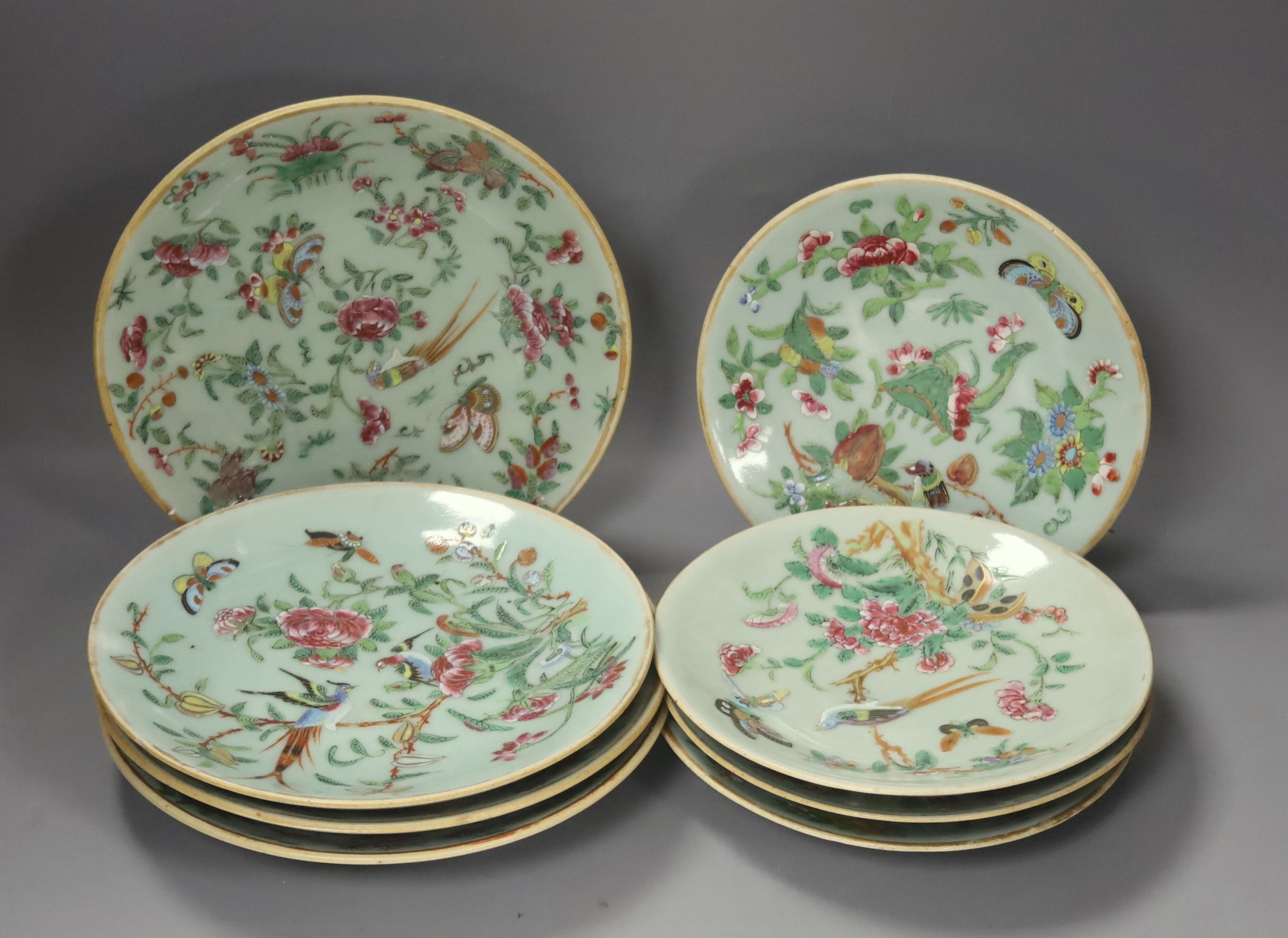 Eleven Chinese celadon ground famille rose plates, mid 19th century 22cm